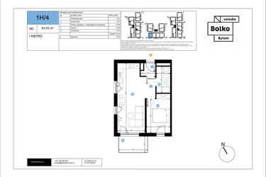 Rzut - Mieszkanie na sprzedaż 2 pokoje o powierzchni 43,35 m² - numer 1H/4 w Bolko etap III
