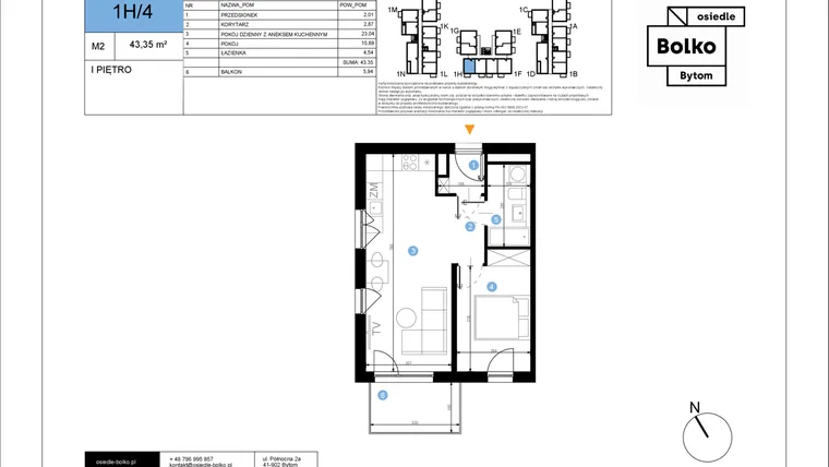 Rzut - Mieszkanie na sprzedaż 2 pokoje o powierzchni 43,35 m² - numer 1H/4 w Bolko etap III