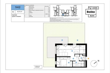 Rzut - Mieszkanie na sprzedaż 2 pokoje o powierzchni 43,15 m² - numer 1H/2 w Bolko etap III