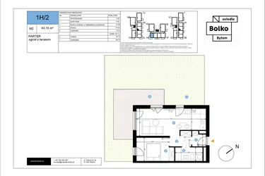 Rzut - Mieszkanie na sprzedaż 2 pokoje o powierzchni 43,15 m² - numer 1H/2 w Bolko etap III
