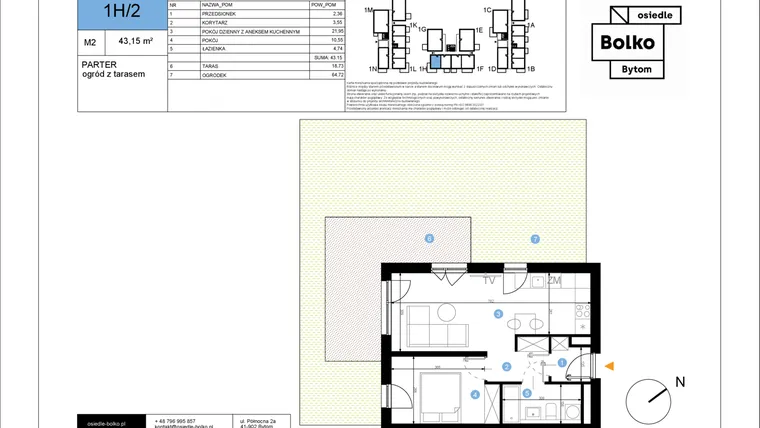 Rzut - Mieszkanie na sprzedaż 2 pokoje o powierzchni 43,15 m² - numer 1H/2 w Bolko etap III
