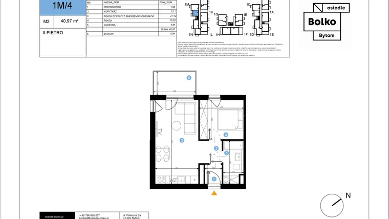 Rzut - Mieszkanie na sprzedaż 2 pokoje o powierzchni 40,97 m² - numer 1M/4 w Bolko etap III