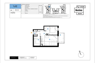 Rzut - Mieszkanie na sprzedaż 2 pokoje o powierzchni 39,39 m² - numer 1J/2 w Bolko etap III