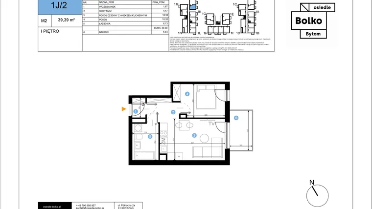 Rzut - Mieszkanie na sprzedaż 2 pokoje o powierzchni 39,39 m² - numer 1J/2 w Bolko etap III