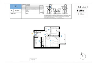 Rzut - Mieszkanie na sprzedaż 2 pokoje o powierzchni 39,39 m² - numer 1J/2 w Bolko etap III
