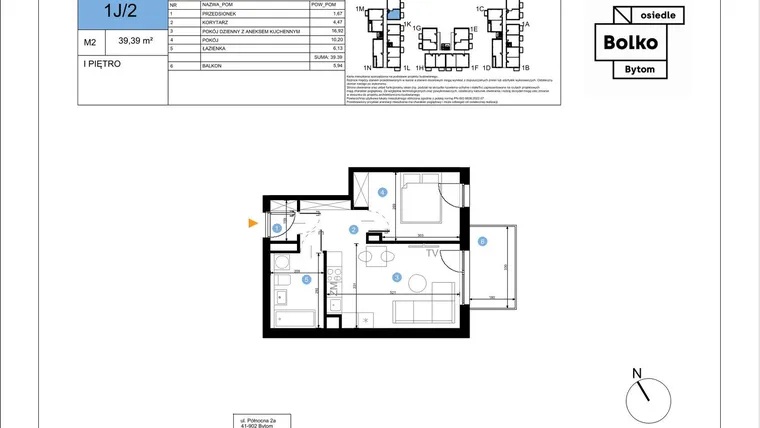 Rzut - Mieszkanie na sprzedaż 2 pokoje o powierzchni 39,39 m² - numer 1J/2 w Bolko etap III