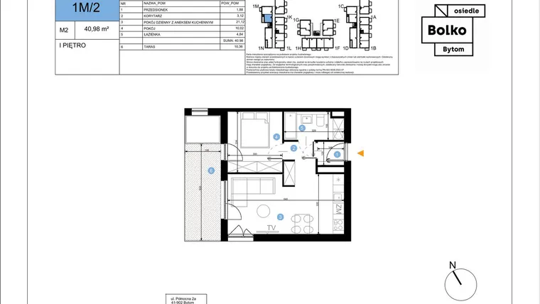 Rzut - Mieszkanie na sprzedaż 2 pokoje o powierzchni 40,98 m² - numer 1M/2 w Bolko etap III