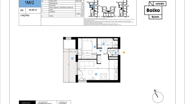 Rzut - Mieszkanie na sprzedaż 2 pokoje o powierzchni 40,98 m² - numer 1M/2 w Bolko etap III