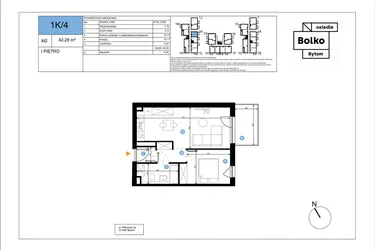 Rzut - Mieszkanie na sprzedaż 2 pokoje o powierzchni 42,28 m² - numer 1K/4 w Bolko etap III