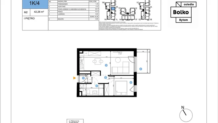 Rzut - Mieszkanie na sprzedaż 2 pokoje o powierzchni 42,28 m² - numer 1K/4 w Bolko etap III