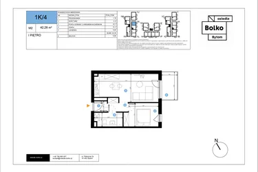 Rzut - Mieszkanie na sprzedaż 2 pokoje o powierzchni 42,28 m² - numer 1K/4 w Bolko etap III