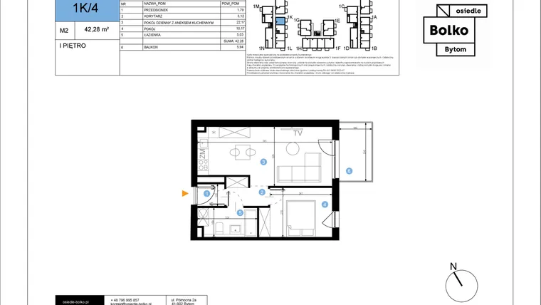 Rzut - Mieszkanie na sprzedaż 2 pokoje o powierzchni 42,28 m² - numer 1K/4 w Bolko etap III