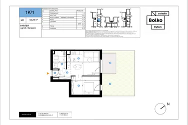 Rzut - Mieszkanie na sprzedaż 2 pokoje o powierzchni 42,28 m² - numer 1K/1 w Bolko etap III