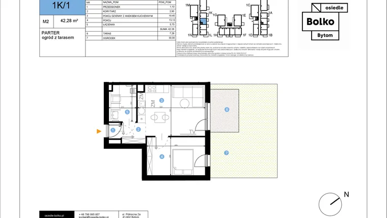 Rzut - Mieszkanie na sprzedaż 2 pokoje o powierzchni 42,28 m² - numer 1K/1 w Bolko etap III