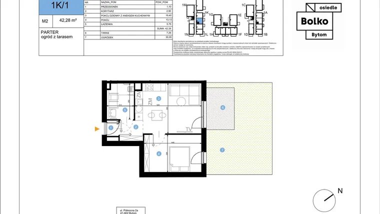 Rzut - Mieszkanie na sprzedaż 2 pokoje o powierzchni 42,28 m² - numer 1K/1 w Bolko etap III