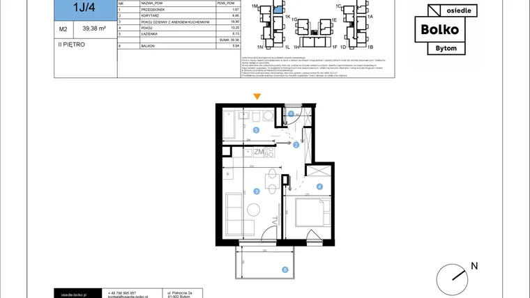 Rzut - Mieszkanie na sprzedaż 2 pokoje o powierzchni 39,38 m² - numer 1J/4 w Bolko etap III