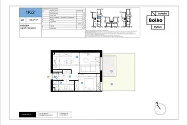 Rzut - Mieszkanie na sprzedaż 2 pokoje o powierzchni 42,37 m² - numer 1K/2 w Bolko etap III