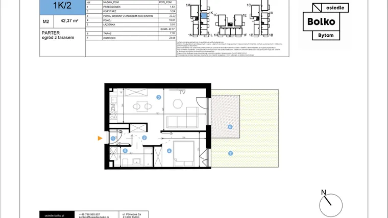 Rzut - Mieszkanie na sprzedaż 2 pokoje o powierzchni 42,37 m² - numer 1K/2 w Bolko etap III
