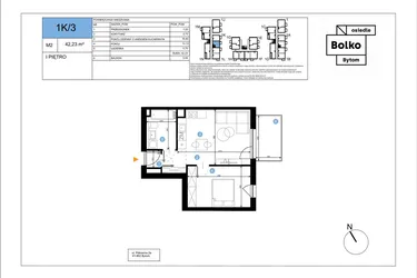 Rzut - Mieszkanie na sprzedaż 2 pokoje o powierzchni 42,23 m² - numer 1K/3 w Bolko etap III