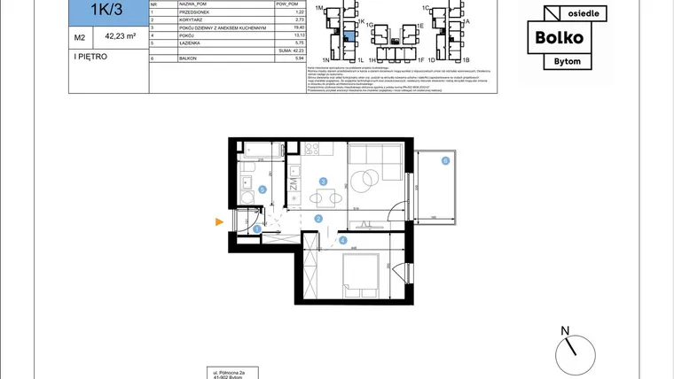 Rzut - Mieszkanie na sprzedaż 2 pokoje o powierzchni 42,23 m² - numer 1K/3 w Bolko etap III