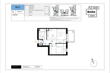 Rzut - Mieszkanie na sprzedaż 2 pokoje o powierzchni 42,23 m² - numer 1K/3 w Bolko etap III