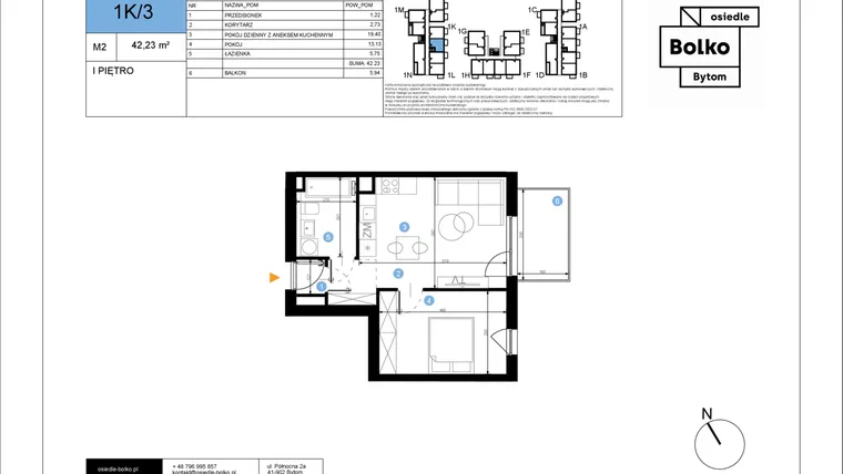 Rzut - Mieszkanie na sprzedaż 2 pokoje o powierzchni 42,23 m² - numer 1K/3 w Bolko etap III