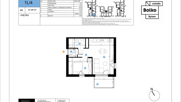 Rzut - Mieszkanie na sprzedaż 2 pokoje o powierzchni 41,4 m² - numer 1L/4 w Bolko etap III