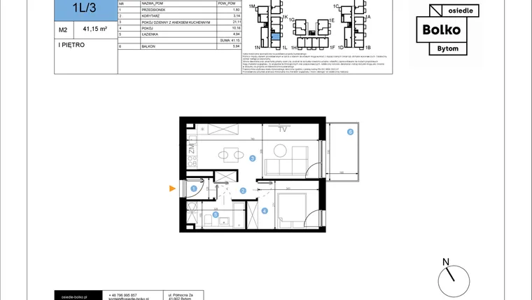 Rzut - Mieszkanie na sprzedaż 2 pokoje o powierzchni 41,15 m² - numer 1L/3 w Bolko etap III