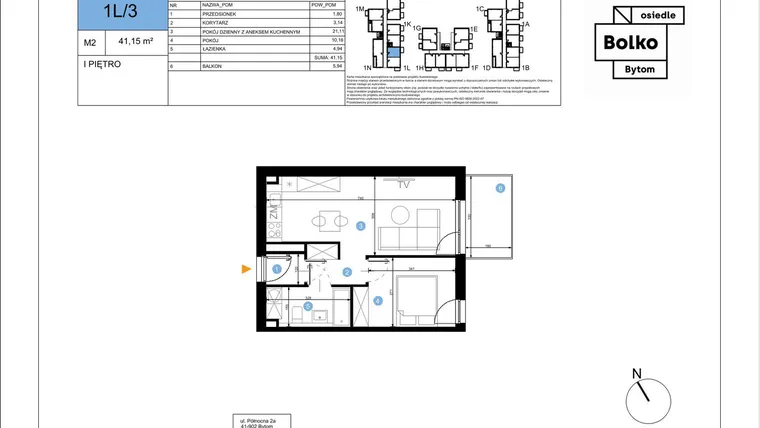 Rzut - Mieszkanie na sprzedaż 2 pokoje o powierzchni 41,15 m² - numer 1L/3 w Bolko etap III