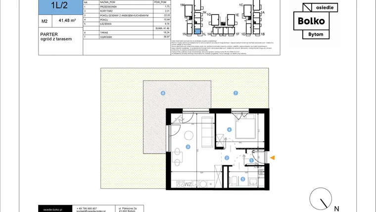 Rzut - Mieszkanie na sprzedaż 2 pokoje o powierzchni 41,48 m² - numer 1L/2 w Bolko etap III