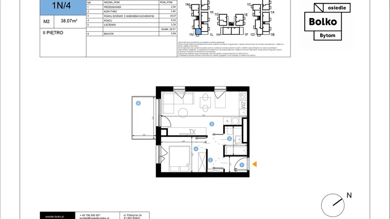 Rzut - Mieszkanie na sprzedaż 2 pokoje o powierzchni 38,07 m² - numer 1N/4 w Bolko etap III