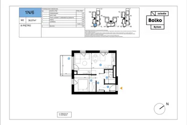 Rzut - Mieszkanie na sprzedaż 2 pokoje o powierzchni 38,07 m² - numer 1N/6 w Bolko etap III