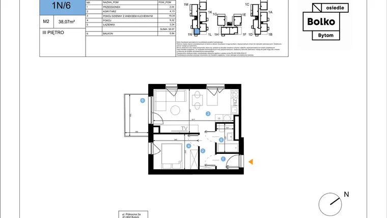 Rzut - Mieszkanie na sprzedaż 2 pokoje o powierzchni 38,07 m² - numer 1N/6 w Bolko etap III