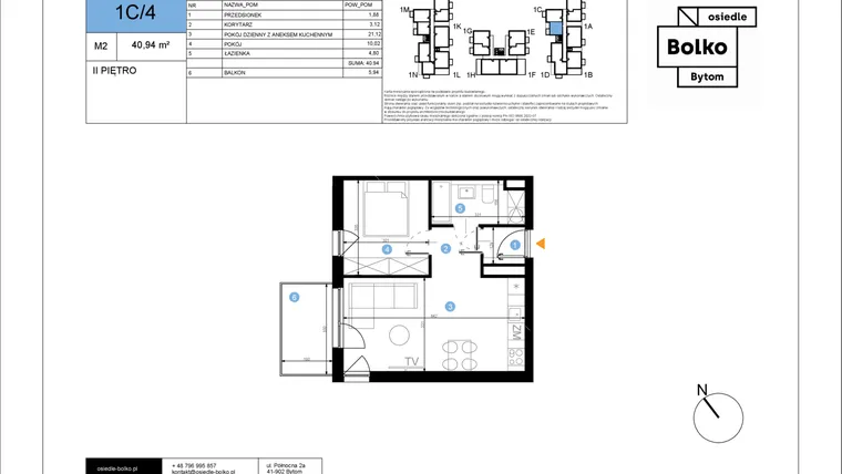Rzut - Mieszkanie na sprzedaż 2 pokoje o powierzchni 40,94 m² - numer 1C/4 w Bolko etap III