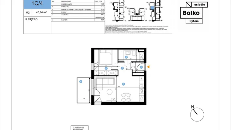 Rzut - Mieszkanie na sprzedaż 2 pokoje o powierzchni 40,94 m² - numer 1C/4 w Bolko etap III