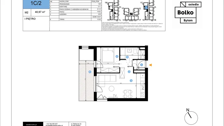 Rzut - Mieszkanie na sprzedaż 2 pokoje o powierzchni 40,97 m² - numer 1C/2 w Bolko etap III