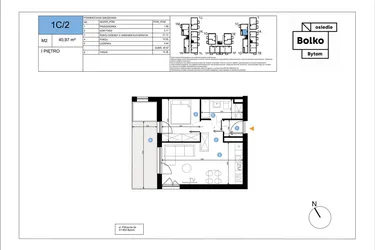 Rzut - Mieszkanie na sprzedaż 2 pokoje o powierzchni 40,97 m² - numer 1C/2 w Bolko etap III