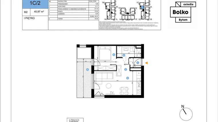 Rzut - Mieszkanie na sprzedaż 2 pokoje o powierzchni 40,97 m² - numer 1C/2 w Bolko etap III