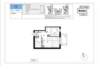 Rzut - Mieszkanie na sprzedaż 2 pokoje o powierzchni 39,39 m² - numer 1/2 w Bolko etap III