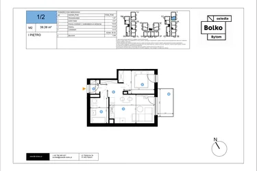 Rzut - Mieszkanie na sprzedaż 2 pokoje o powierzchni 39,39 m² - numer 1/2 w Bolko etap III