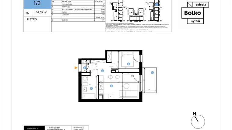 Rzut - Mieszkanie na sprzedaż 2 pokoje o powierzchni 39,39 m² - numer 1/2 w Bolko etap III