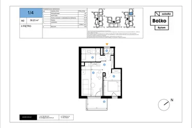 Rzut - Mieszkanie na sprzedaż 2 pokoje o powierzchni 39,23 m² - numer 1/4 w Bolko etap III