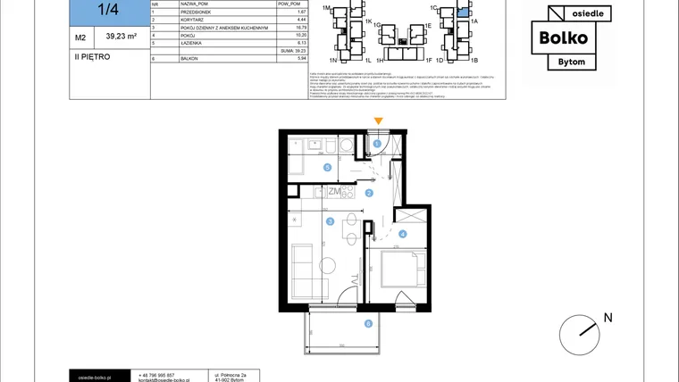 Rzut - Mieszkanie na sprzedaż 2 pokoje o powierzchni 39,23 m² - numer 1/4 w Bolko etap III