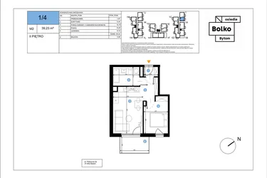 Rzut - Mieszkanie na sprzedaż 2 pokoje o powierzchni 39,23 m² - numer 1/4 w Bolko etap III