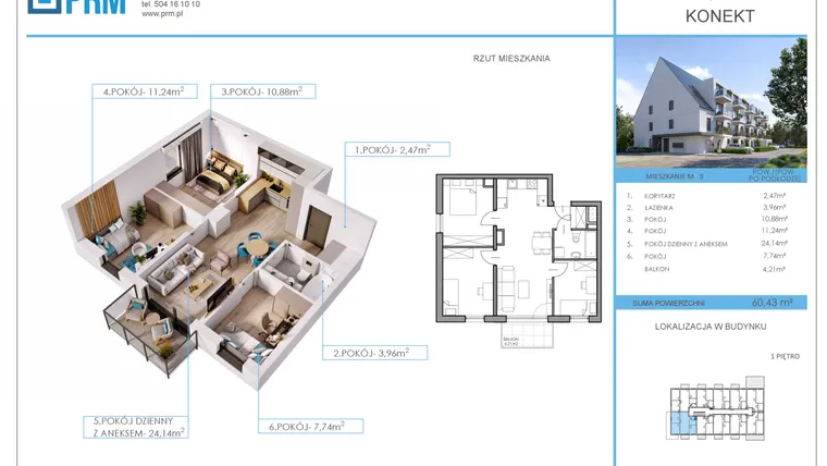 Rzut - Mieszkanie na sprzedaż 4 pokoje o powierzchni 60,43 m² - numer M9 w Konekt