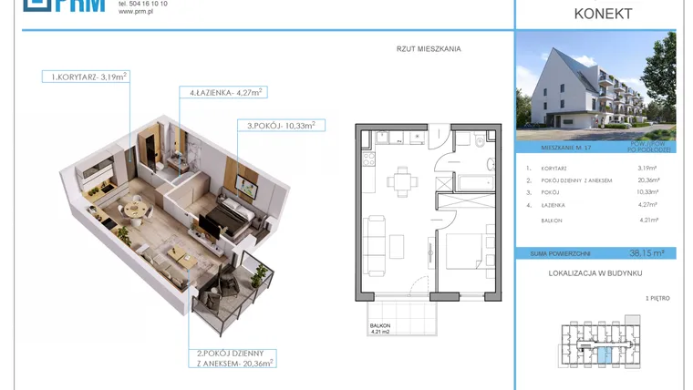 Rzut - Mieszkanie na sprzedaż 2 pokoje o powierzchni 38,15 m² - numer M17 w Konekt