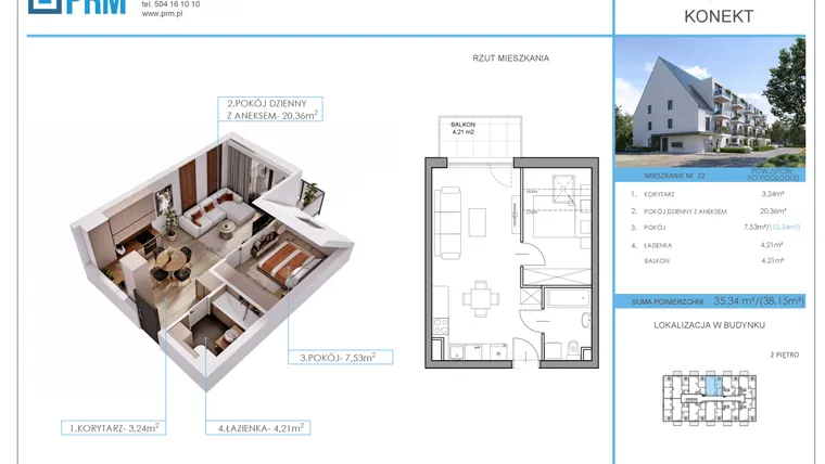 Rzut - Mieszkanie na sprzedaż 2 pokoje o powierzchni 35,34 m² - numer M22 w Konekt