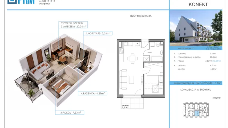 Rzut - Mieszkanie na sprzedaż 2 pokoje o powierzchni 35,34 m² - numer M27 w Konekt