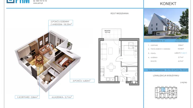 Rzut - Mieszkanie na sprzedaż 2 pokoje o powierzchni 31,92 m² - numer M21 w Konekt