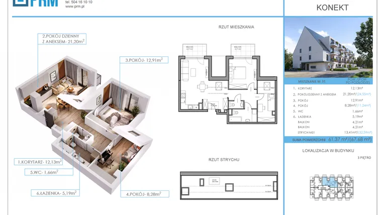 Rzut - Mieszkanie na sprzedaż 3 pokoje o powierzchni 61,37 m² - numer M31 w Konekt